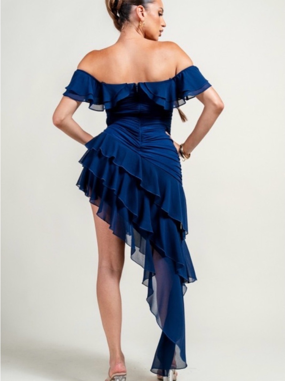 Off-Shoulder Navy Ruffle Asymmetrical Dress - Picture 4 of 4